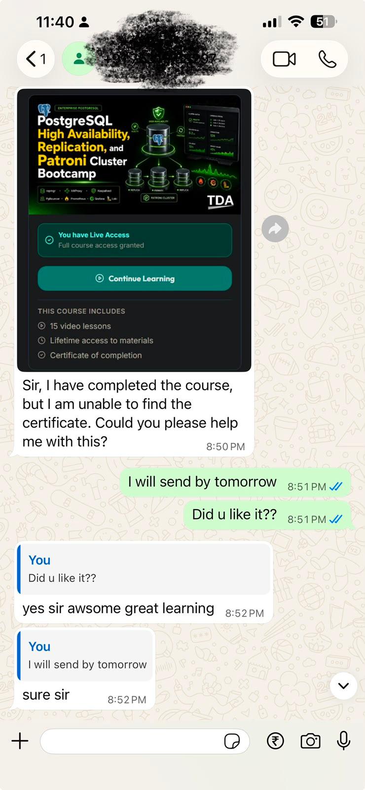 Student WhatsApp review